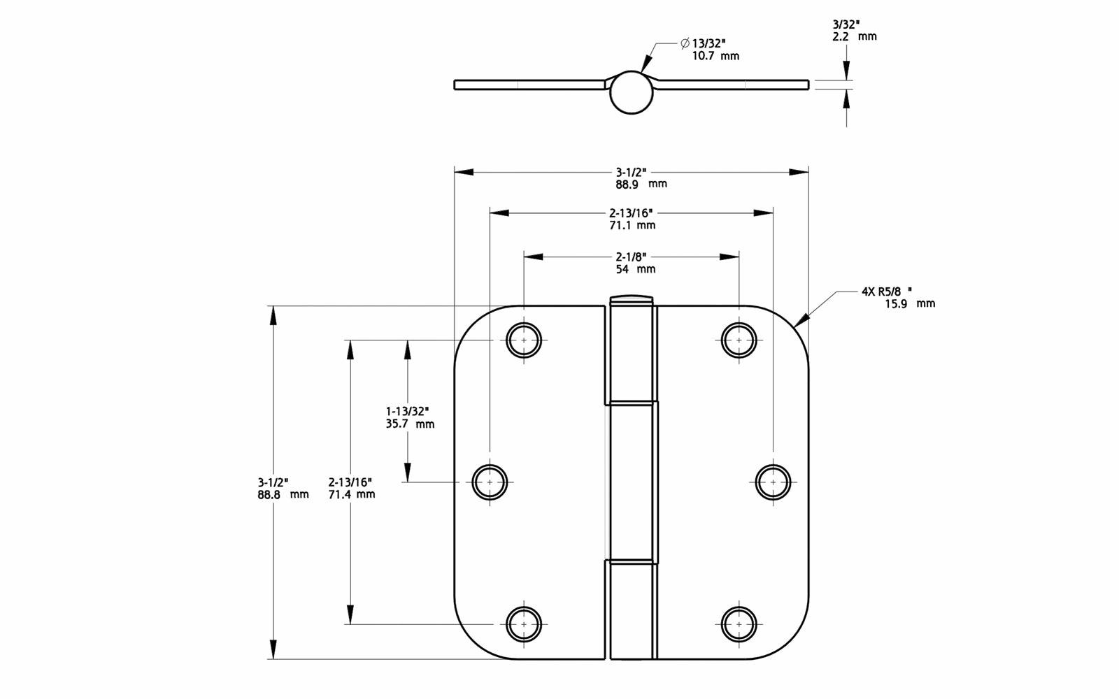 3-1/2" Matte Black Squeak Guard Hinges, 5/8" Rad.