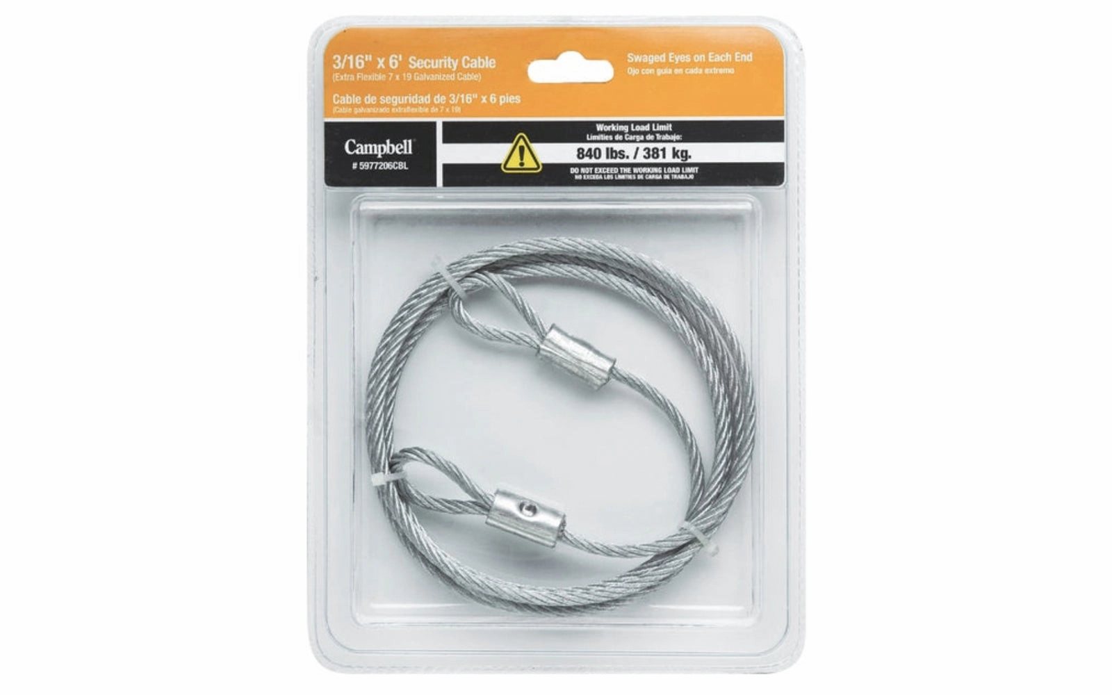 Campbell 3/16" x 6' Galvanized Cable with Swaged Eyes
