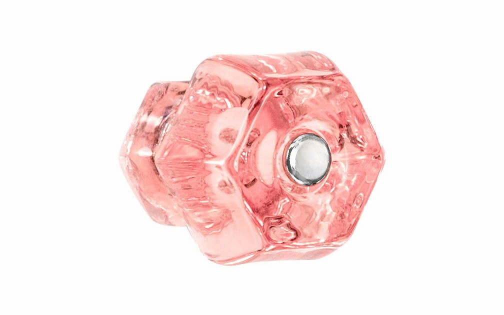 Classic Hexagonal Glass Cabinet Knob ~ Depression Pink - Rose
