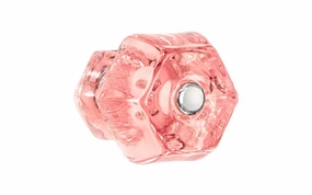 Classic Hexagonal Glass Cabinet Knob ~ Depression Pink - Rose