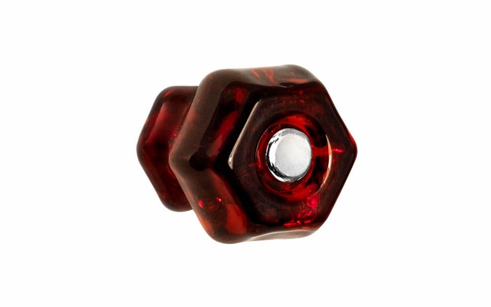 Classic Hexagonal Glass Cabinet Knob ~ Ruby Red