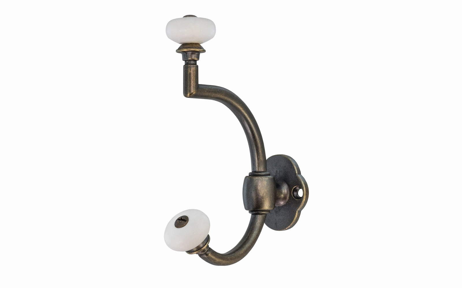 Double-Prong Hook with Porcelain Knobs ~ Dark Antique Brass Finish