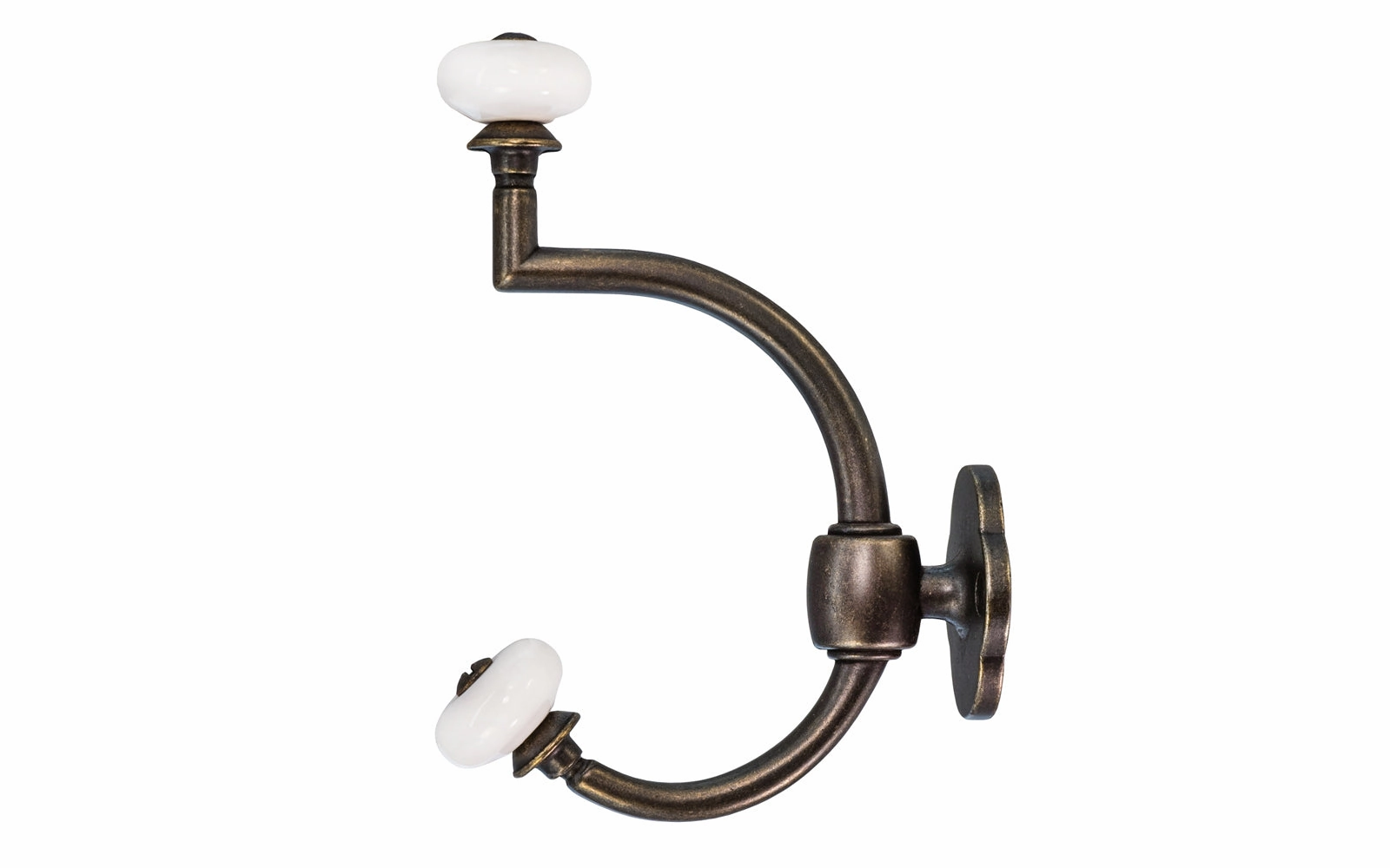 Double-Prong Hook with Porcelain Knobs ~ Dark Antique Brass Finish