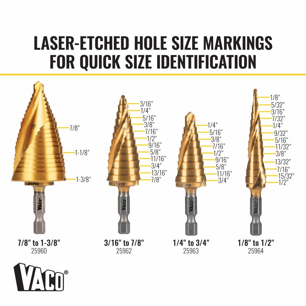 Klein Tools 25950 Step Bit Kit, Spiral Double-Fluted, VACO, 4-Piece
