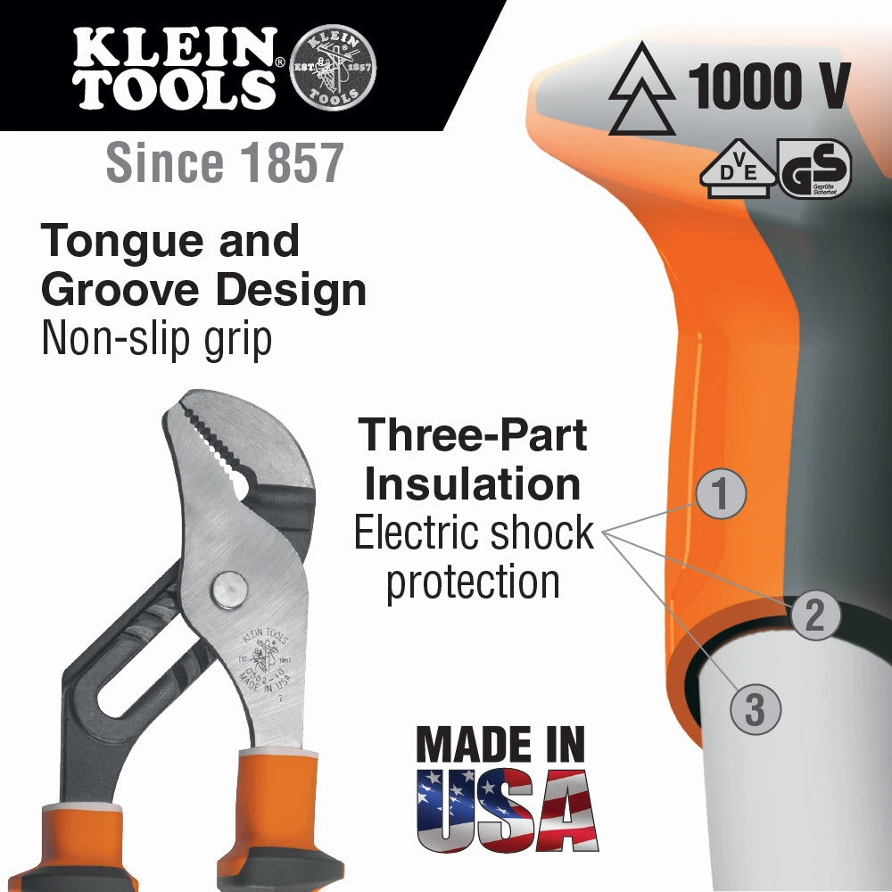 Klein Tools 50210EINS Electrician's Insulated Pump Pliers with Slim Handle, 10-Inch