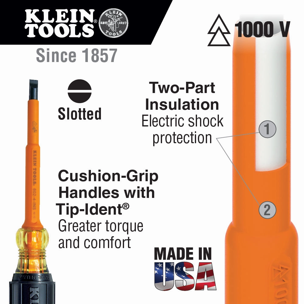 Klein Tools 601-4-INS Insulated Screwdriver, 3/16-Inch Cabinet, 4-Inch
