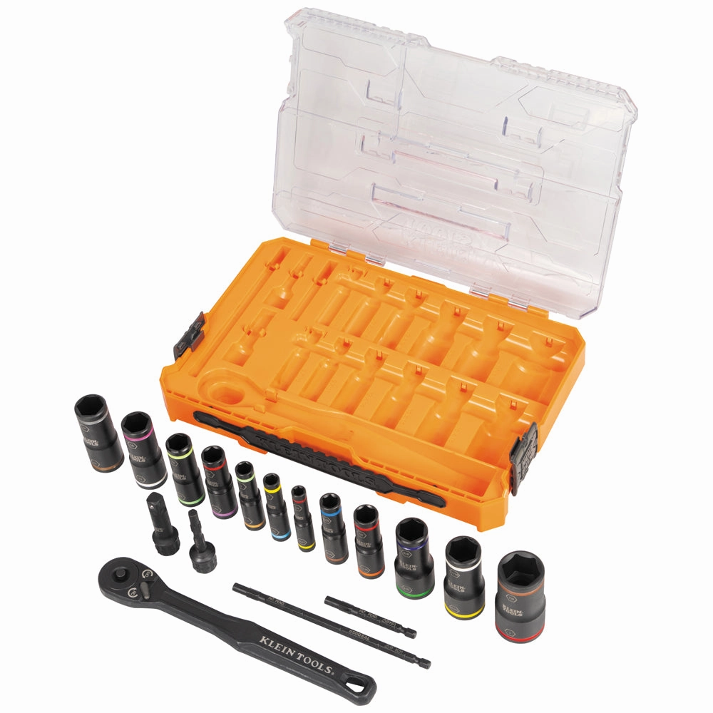 Klein Tools 65626 KNECT Flip-24 Deep-Well, Heavy-Duty Impact Socket Set, SAE & Metric, 18 Pc.