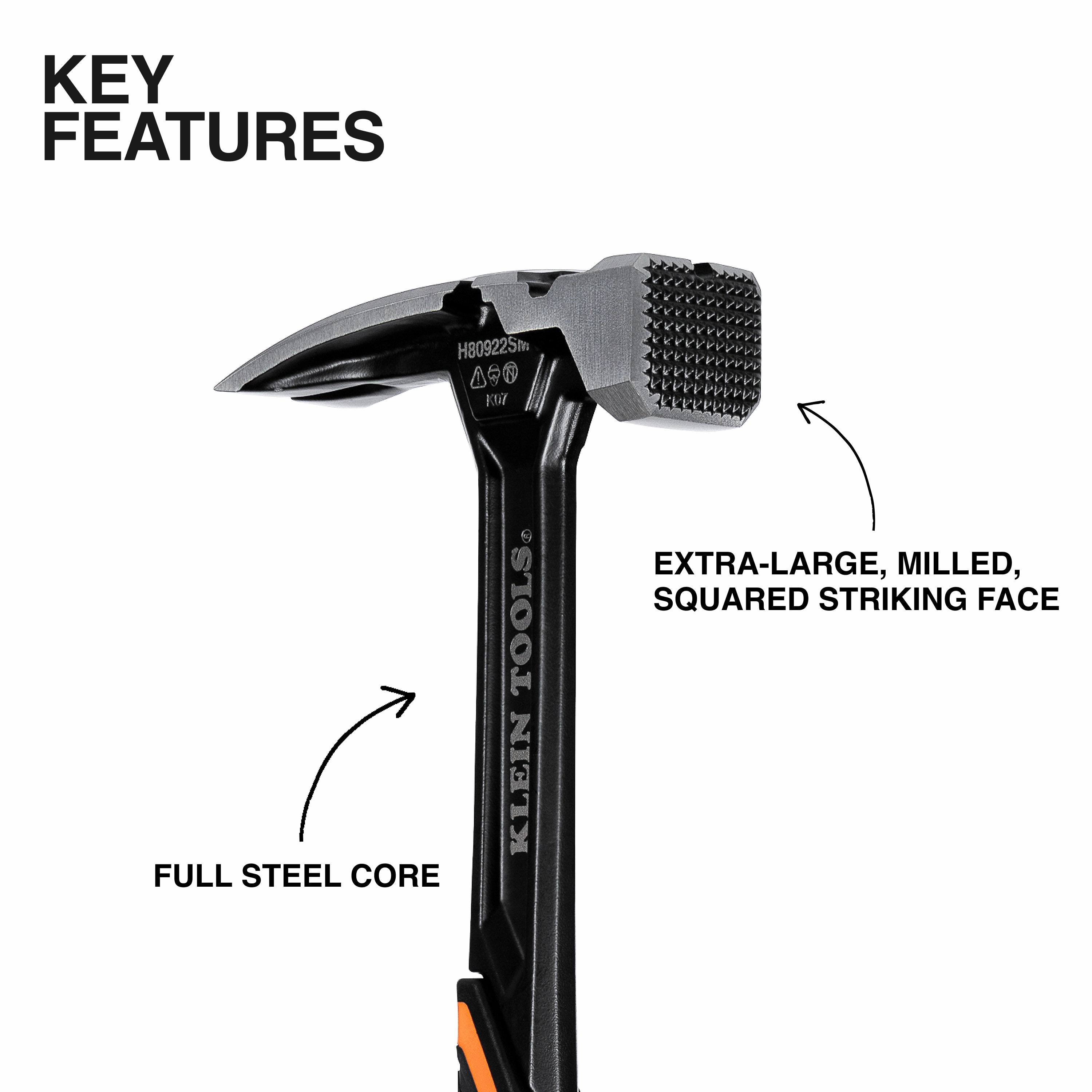 Klein Tools H80922SM Milled Face Steel Claw Hammer, 22-Ounce