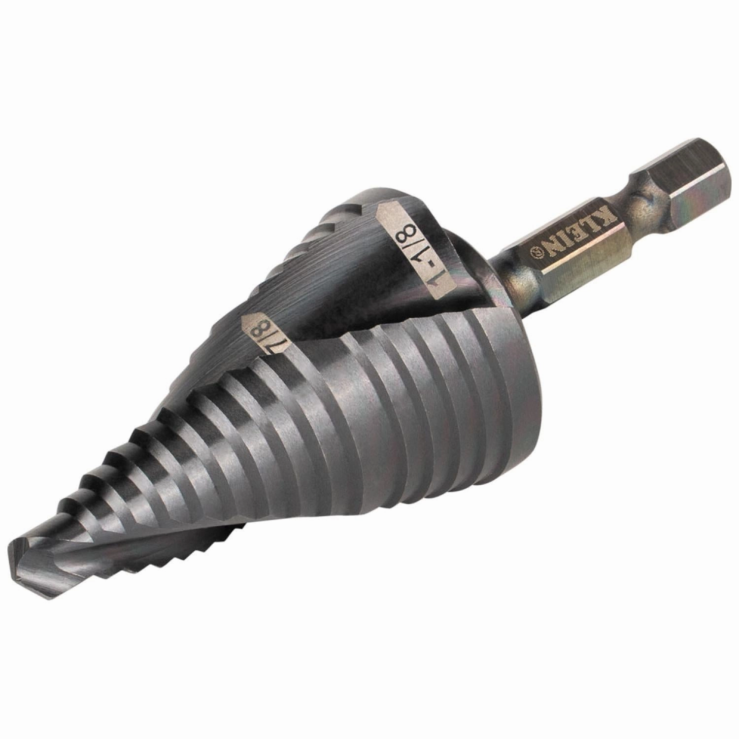 Klein Tools QRST11 Step Drill Bit, Quick Release, Spiral Flute, 7/8 to 1-1/8"