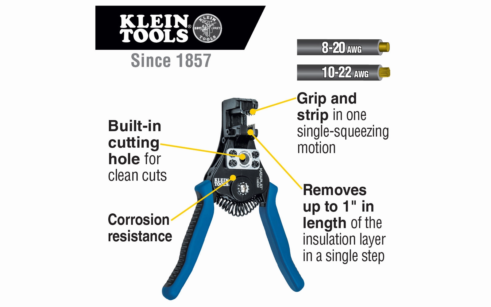 Klein Tools "Katapult" Wire Stripper & Cutter for Solid & Stranded Wire