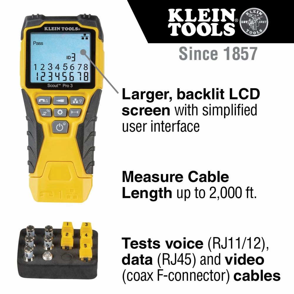 Klein Tools VDV501-851 Cable Tester Kit with Scout  Pro 3 Tester, Remotes, Adapter, Battery