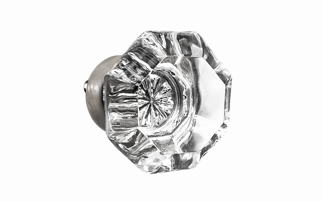 Octagonal Clear Glass Cabinet Knob with Brushed Nickel Finish