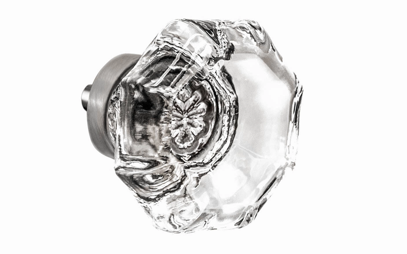 Octagonal Clear Glass Cabinet Knob with Brushed Nickel Finish