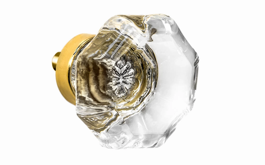 Octagonal Clear Glass Cabinet Knob with Unlacquered Brass