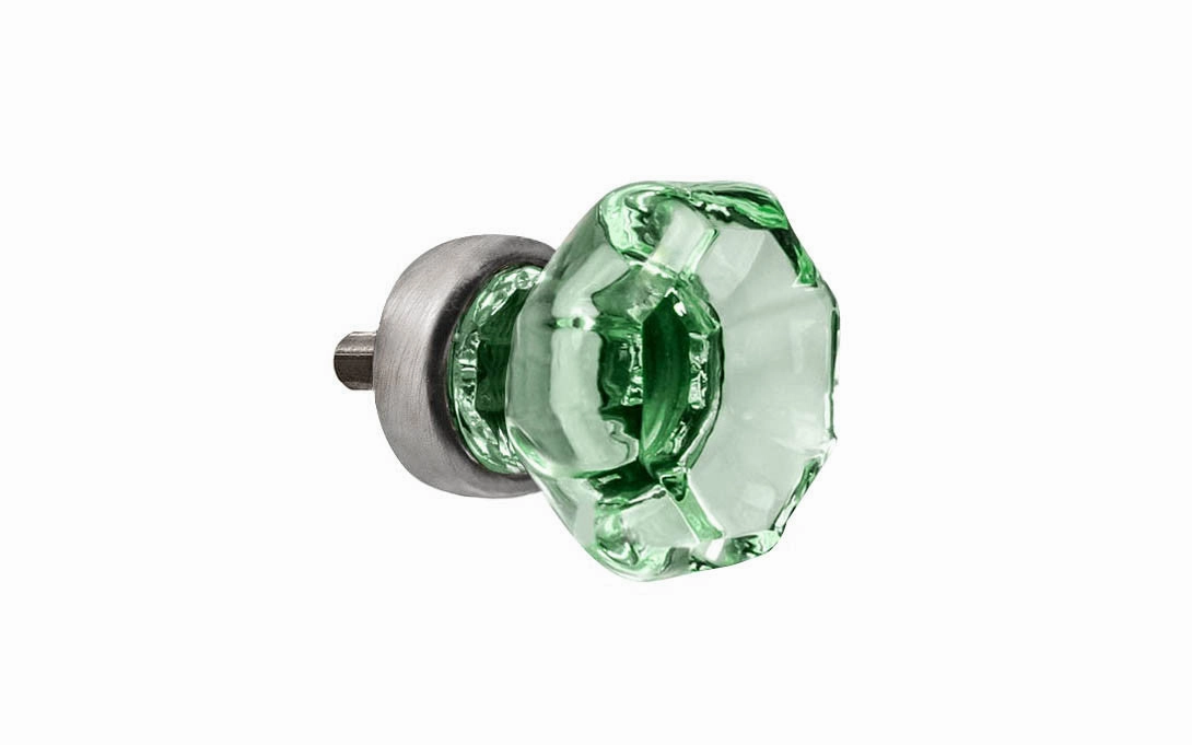 Octagonal "Depression Green" Glass Cabinet Knob with Brushed Nickel Finish