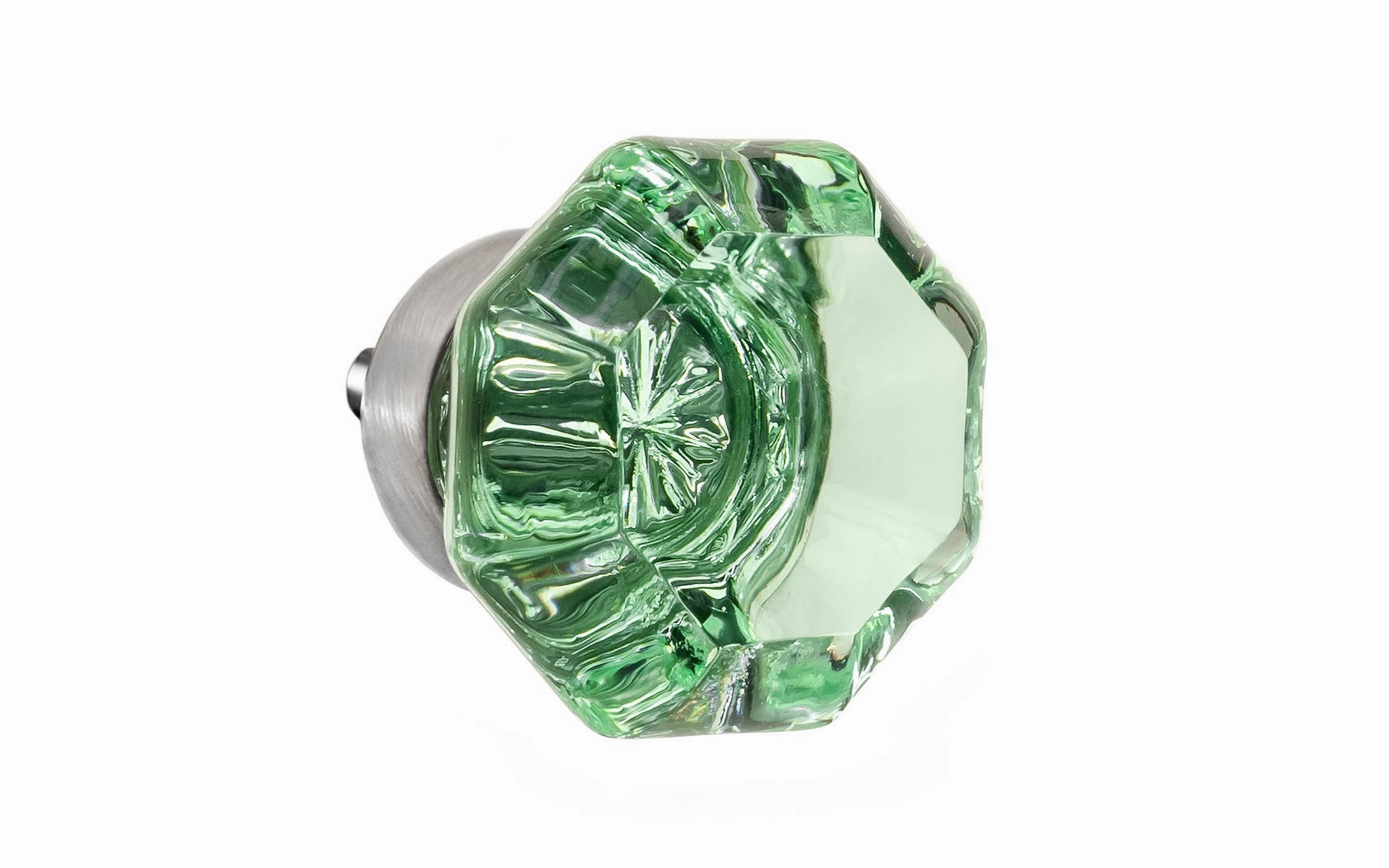 Octagonal "Depression Green" Glass Cabinet Knob with Brushed Nickel Finish