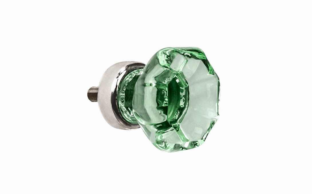 Octagonal "Depression Green" Glass Cabinet Knob with Polished Nickel Finish