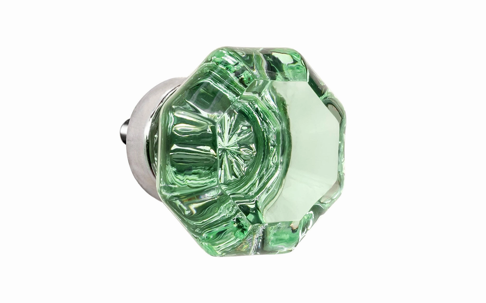 Octagonal "Depression Green" Glass Cabinet Knob with Polished Nickel Finish