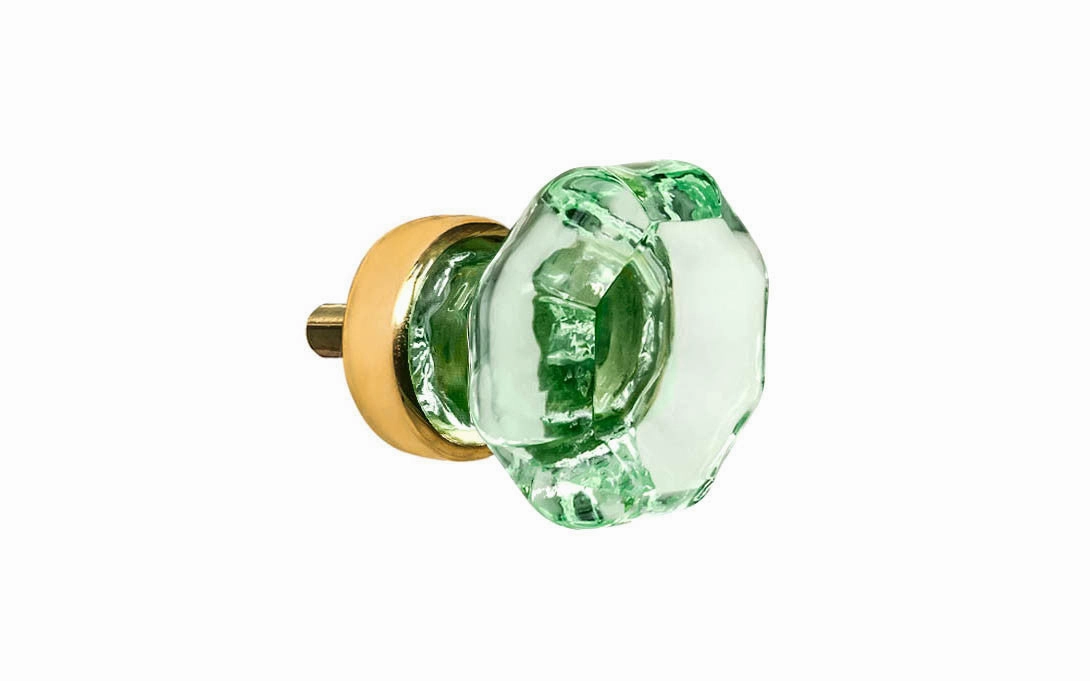 Octagonal "Depression Green" Glass Cabinet Knob with Unlacquered Brass
