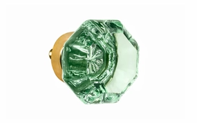 Octagonal "Depression Green" Glass Cabinet Knob with Unlacquered Brass