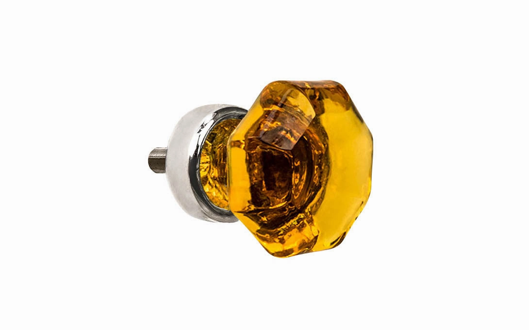 Octagonal "Light Amber" Glass Cabinet Knob with Polished Nickel Finish