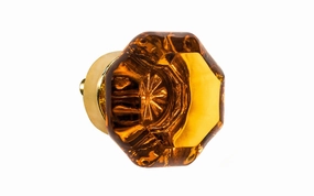 Octagonal "Light Amber" Glass Cabinet Knob with Unlaquered Brass