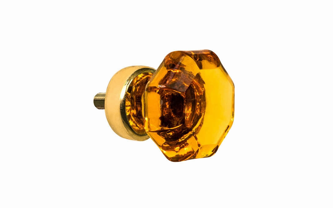 Octagonal "Light Amber" Glass Cabinet Knob with Unlaquered Brass