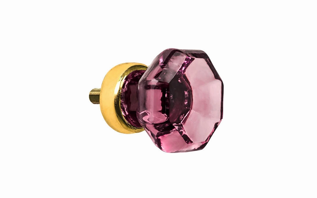 Octagonal "Purple Amethyst" Glass Cabinet Knob with Unlaquered Brass