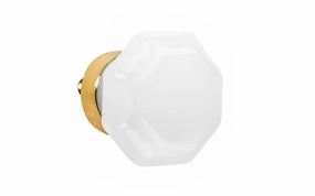 Octagonal "Translucent White Opal" Glass Cabinet Knob with Unlacquered Brass