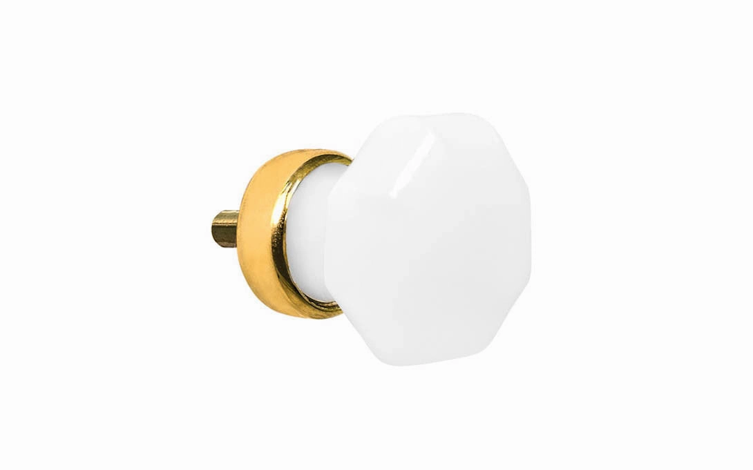 Octagonal "Translucent White Opal" Glass Cabinet Knob with Unlacquered Brass