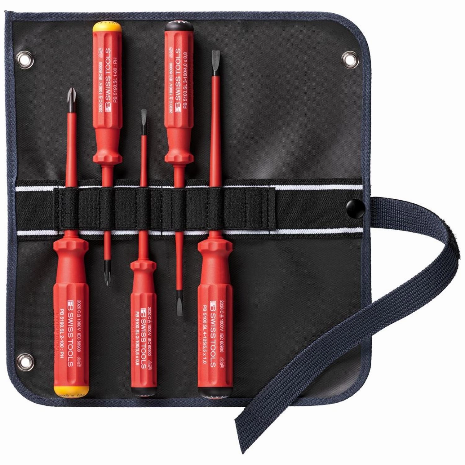 PB Swiss PB 5542.SU SL GY Screwdriver Set Slotted/Phillips in Roll-Up Case with Classic VDE Handle, 5 Pcs