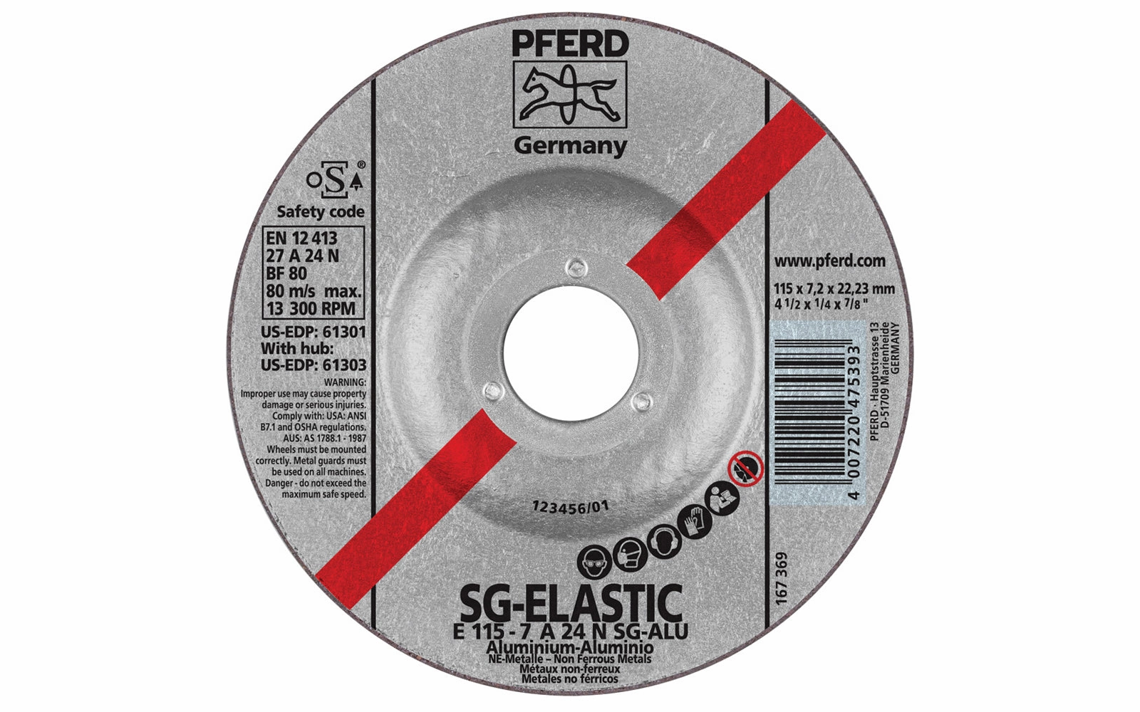 Pferd 4-1/2" Aluminum Grinding Wheel - 1/4" Thick ~ 7/8" Arbor