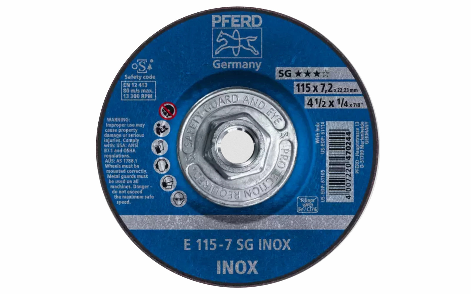 Pferd 4-1/2" Stainless Grinding Wheel - 1/4" Thick ~ 5/8-11 Thread