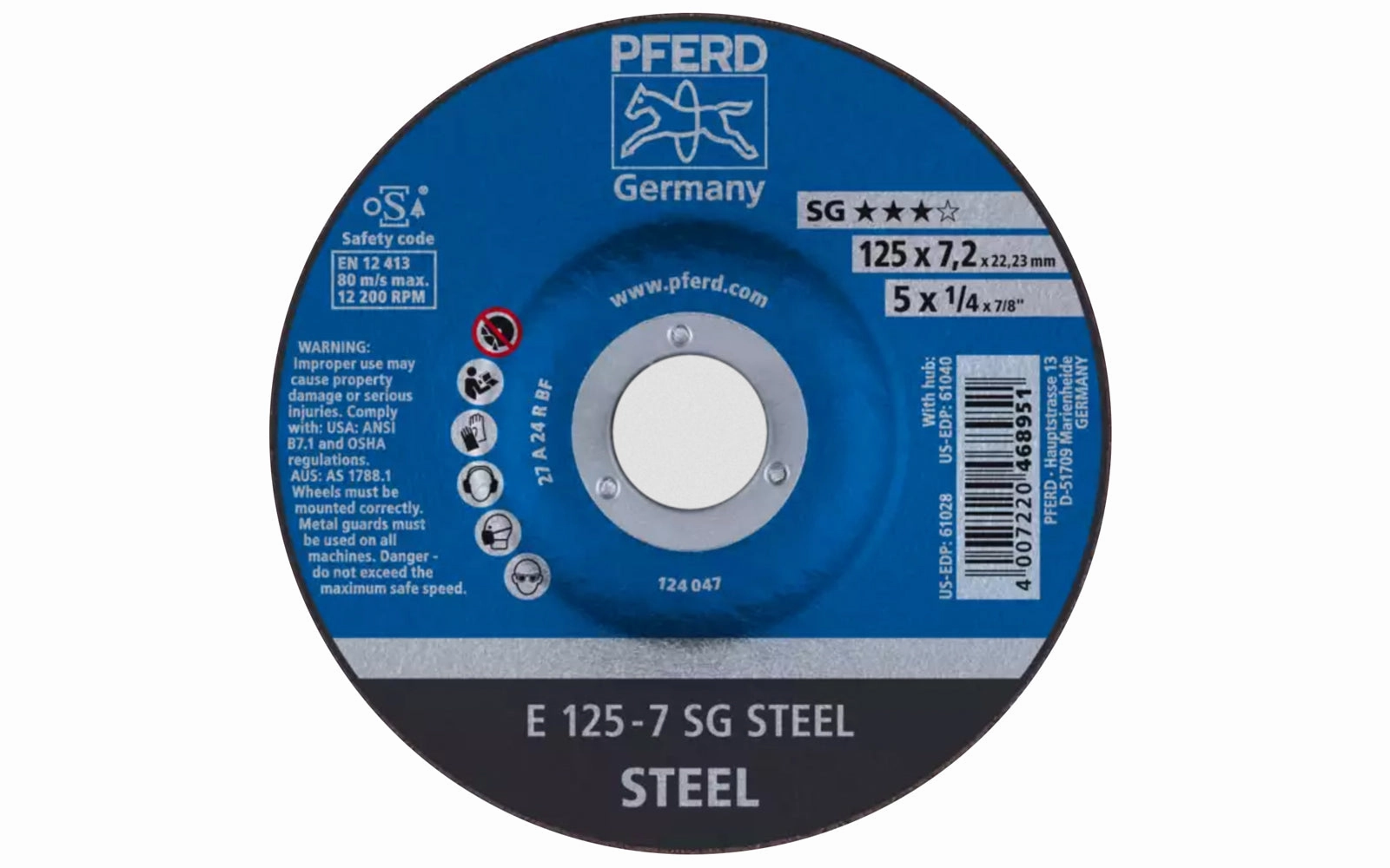 Pferd 5" Grinding Wheel - 1/4" Thick ~ 7/8" Arbor