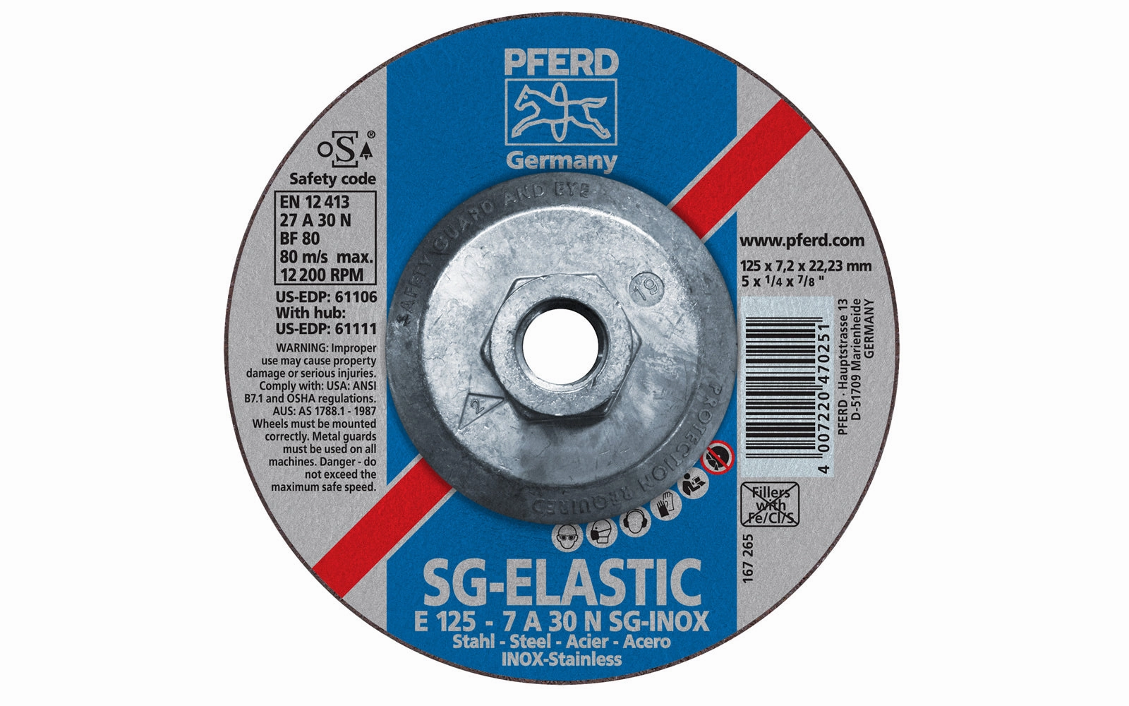 Pferd 5" Stainless Grinding Wheel - 1/4" Thick ~ 5/8-11 Thread