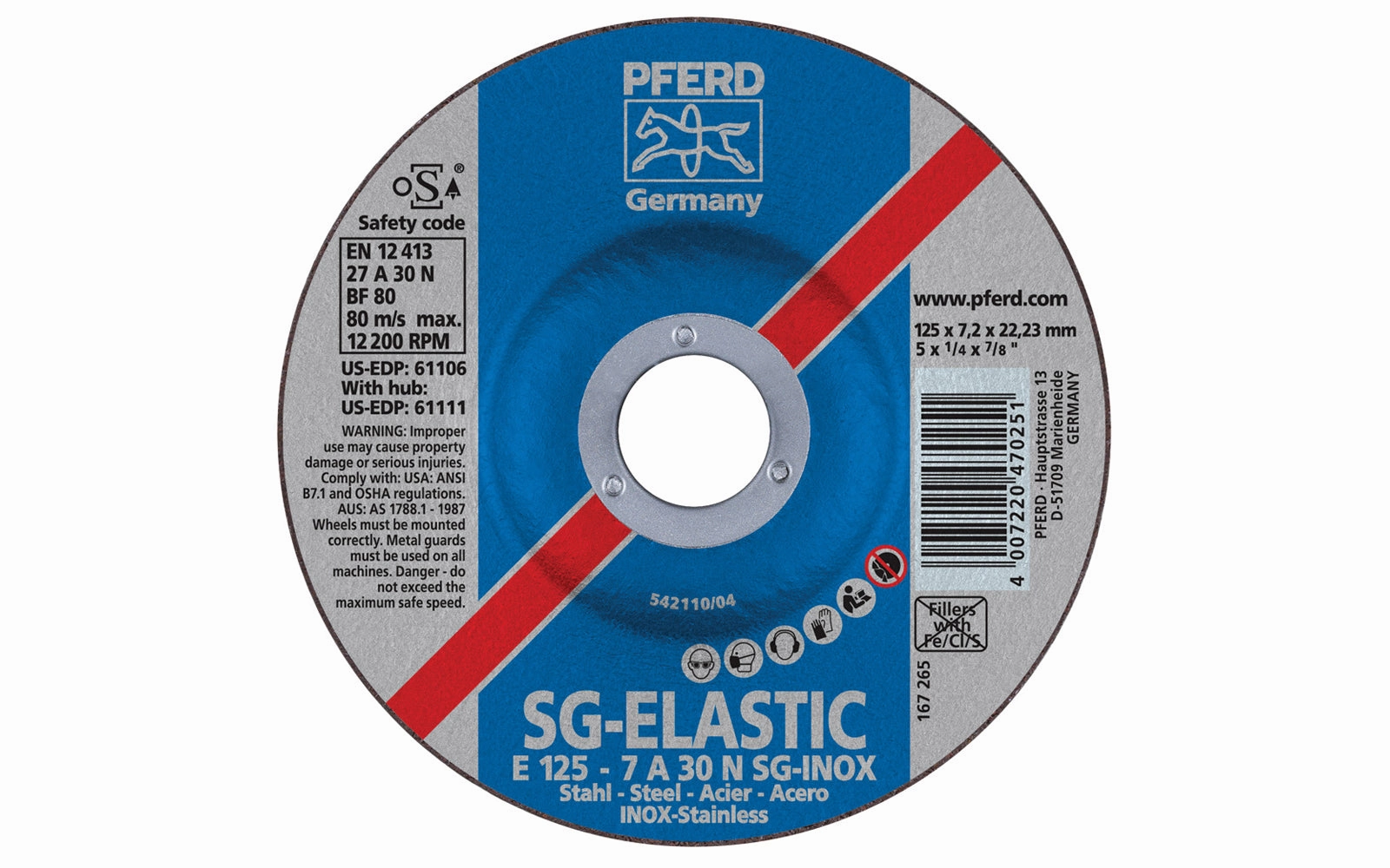 Pferd 5" Stainless Grinding Wheel - 1/4" Thick ~ 7/8" Arbor