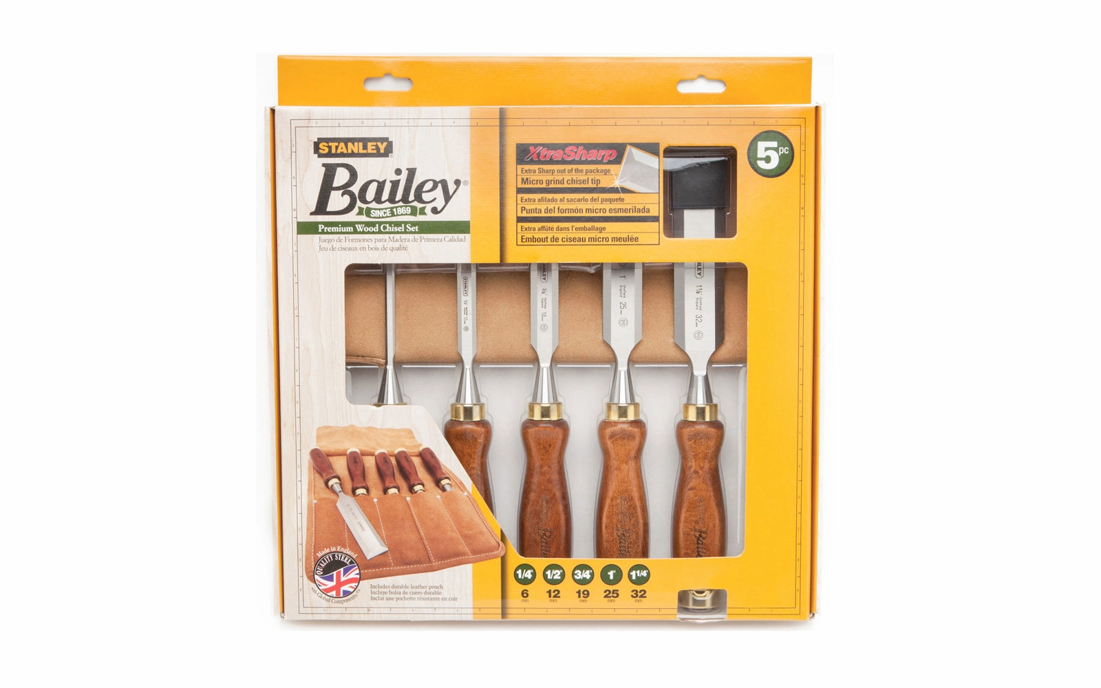 Stanley Bailey 5-Piece Wood Chisel Set with Leather Pouch ~ 1/4" - 1/2" - 3/4" - 1" - 1-1/4"