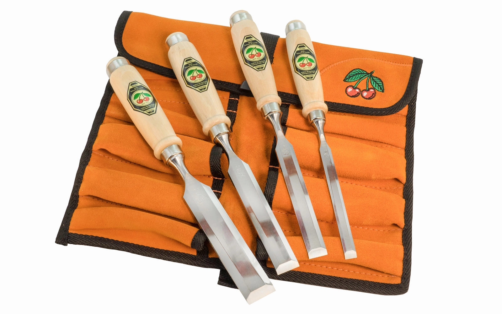 Two Cherries 4-Piece Firmer Chisel Set with Leather Roll - 10, 16, 20, 26 mm