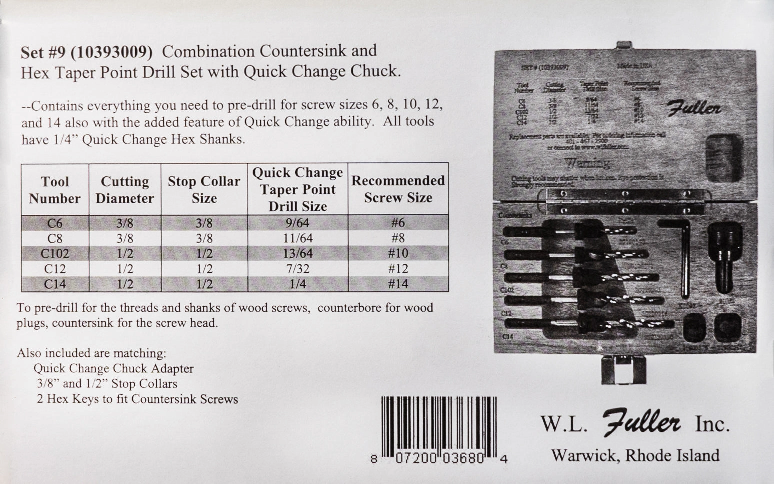 W.L. Fuller No. 9 Set - Countersink & Tapered Drill Bit Set ~ 10393009