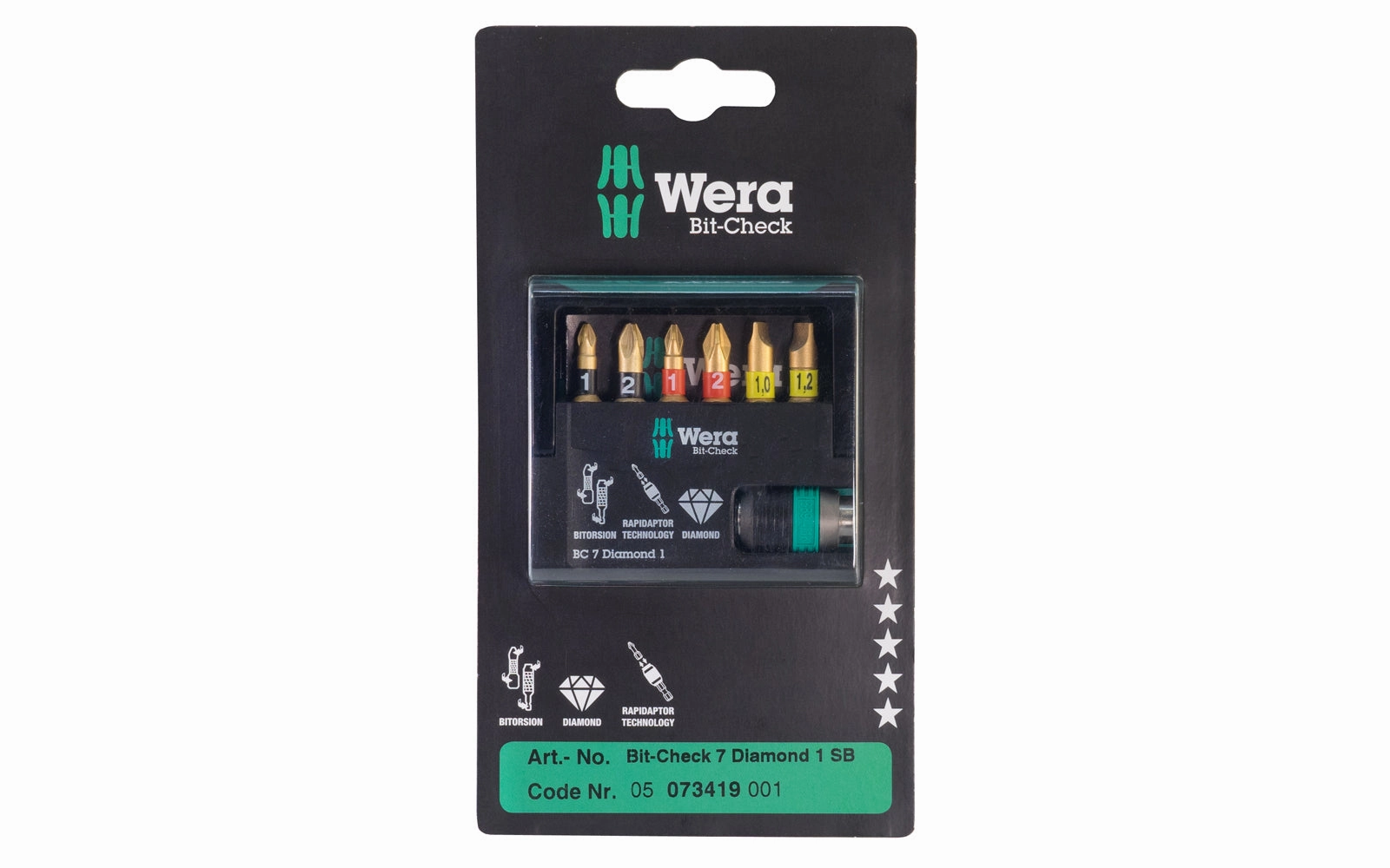 Wera Bit Set with "Rapidaptor" Holder - "Bit-Check 7 Diamond 1 SB"