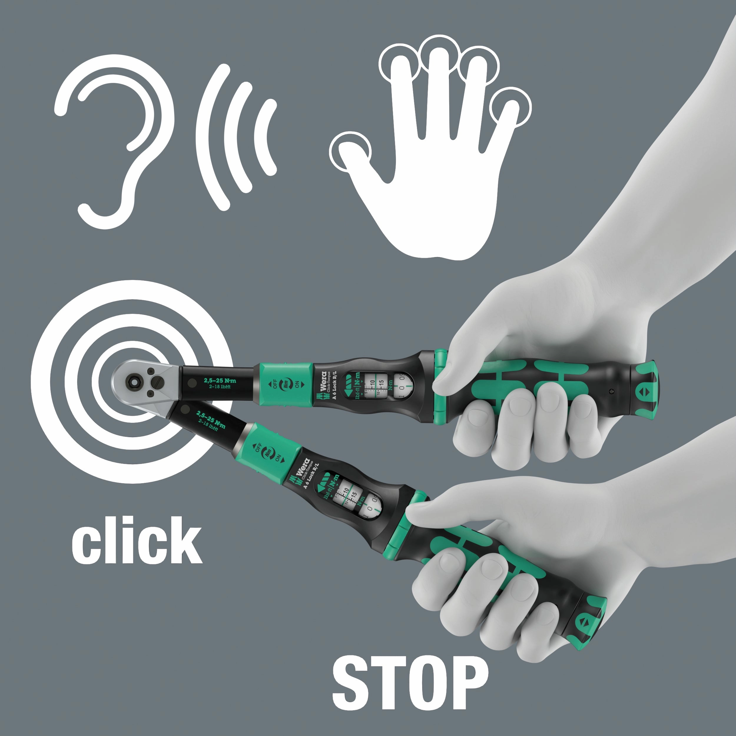 Wera Click-Torque Lock A 6 R/L Torque wrench, adjustable, Torque Lock function, continuous bit mounting (1/4"), 2.5-25 Nm