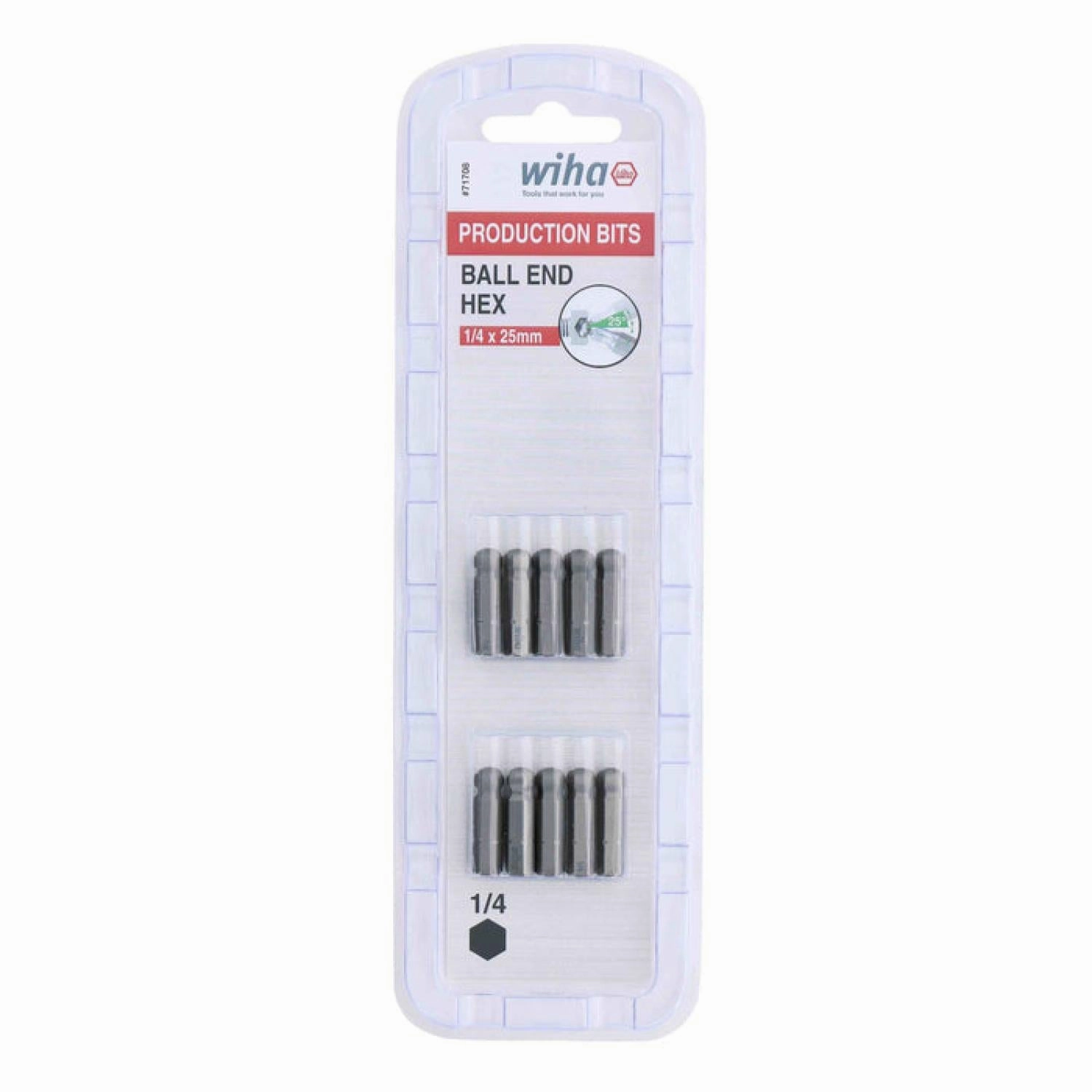 Wiha Tools 71708 1/4" Ball End Hex Insert Bit, 10 Pack