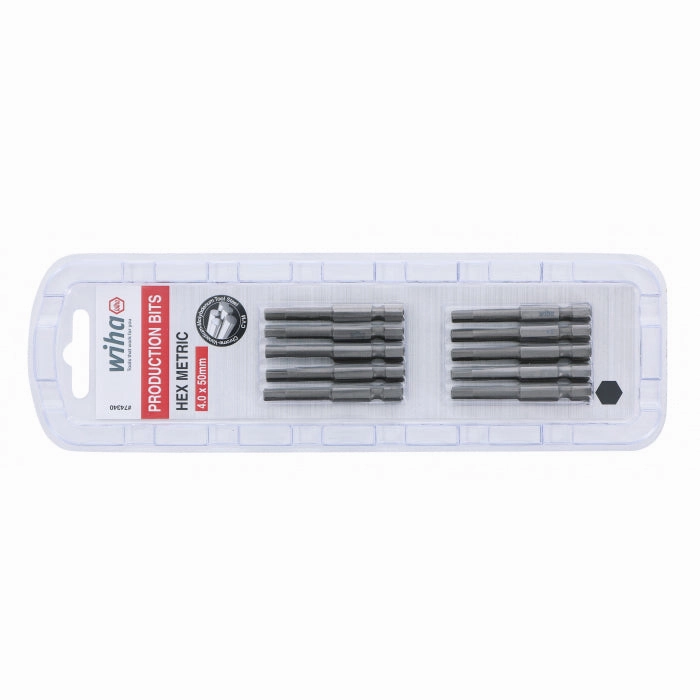 Wiha Tools 74340 Hex Metric Power Bit, 4.0 mm x 50 mm, 10 Pk.